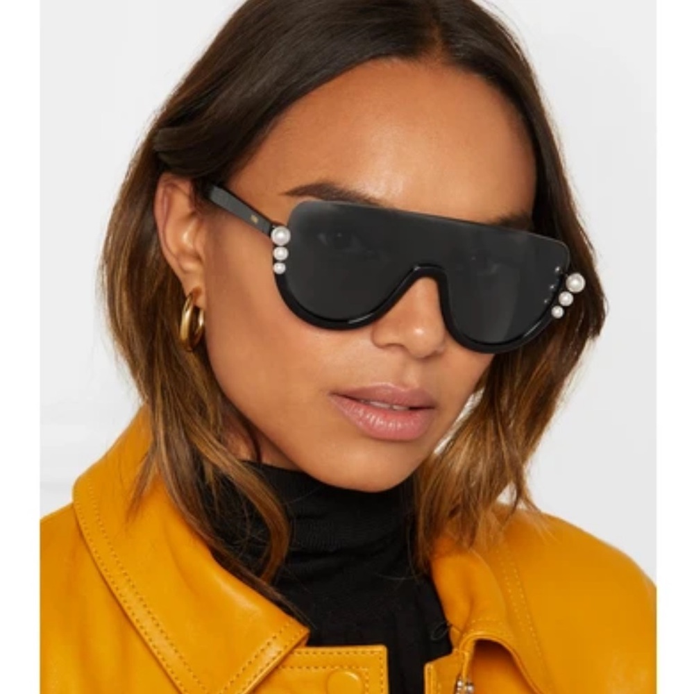 Fendi Black Shield Sunglasses with Pearl Embellishments